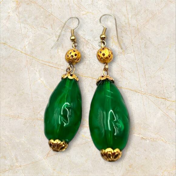 Green Beaded Earrings Vintage Style Filigree Gold Tone Spacers Irregular Texture - Picture 1 of 5